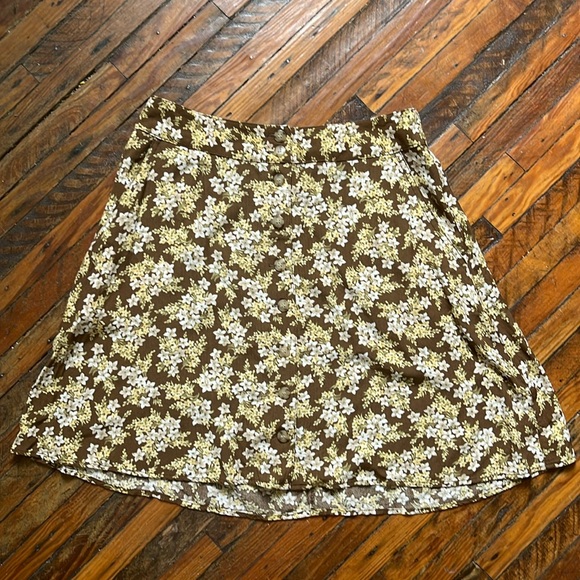 Vintage 90s Liz Claiborne Brown Rayon Floral Mini/Skater Skirt with Pockets - Picture 1 of 8